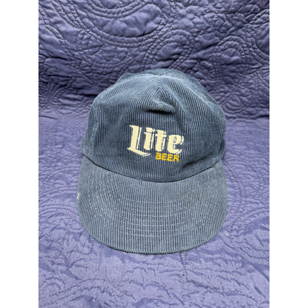 VNTG‎ Miller Lite Corduroy Baseball Cap Blue Adjustable Strap Logo Embroidered